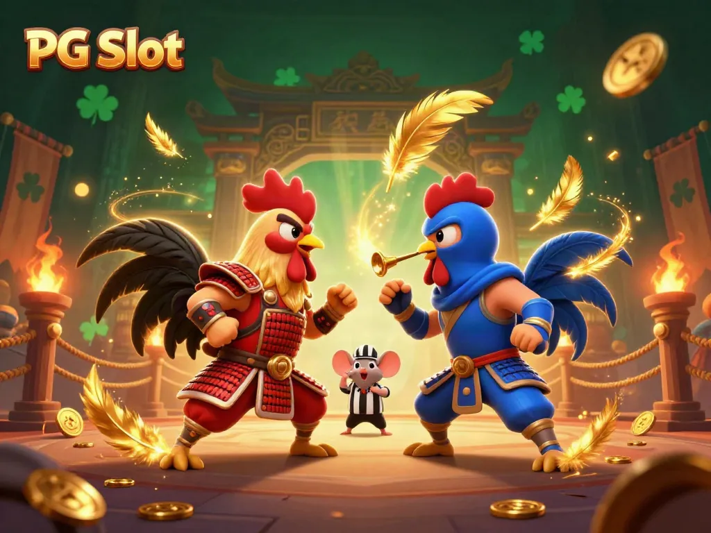 Permainan PG Slot yang mendebarkan dengan ayam petarung dalam arena penuh koin emas di latar belakang bertema Asia.