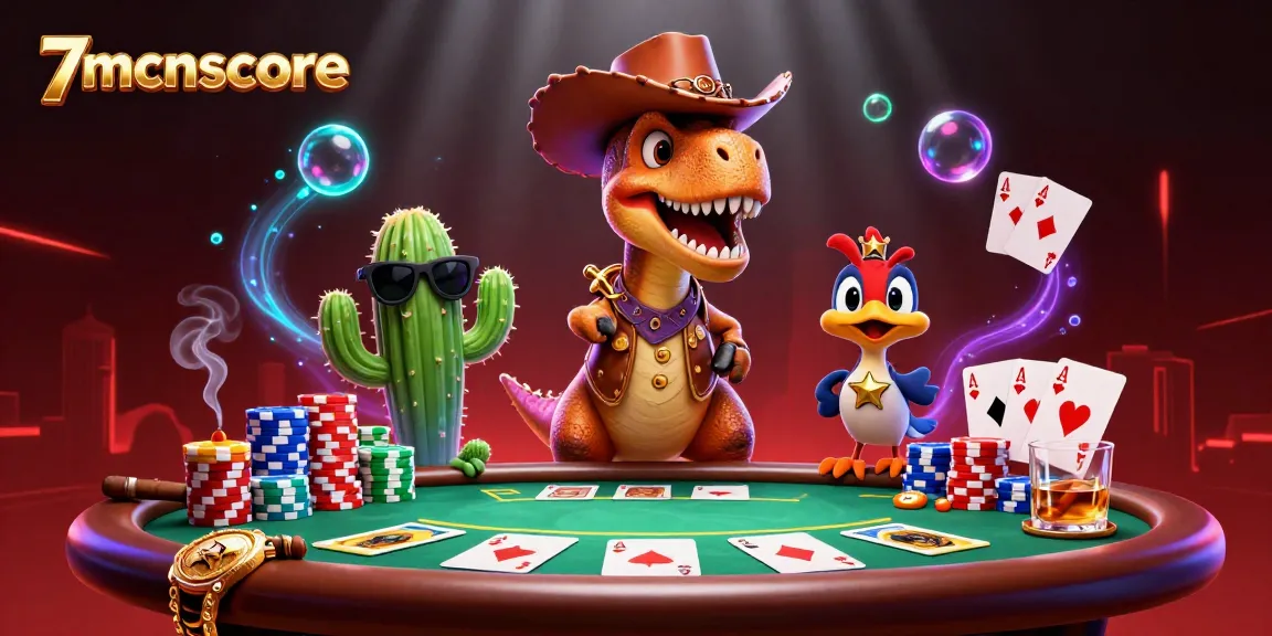 Experience thrilling poker action with 7mcnscore's vibrant 3D casino scene featuring iconic characters.