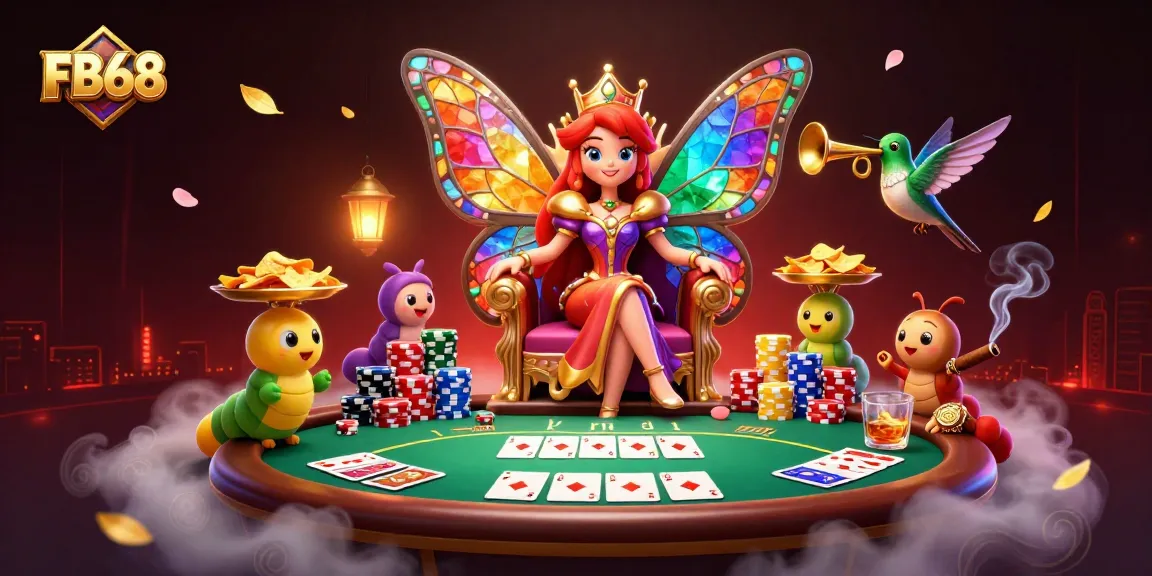 Experience FB68's vibrant slot games with a colorful butterfly queen and lively casino elements.