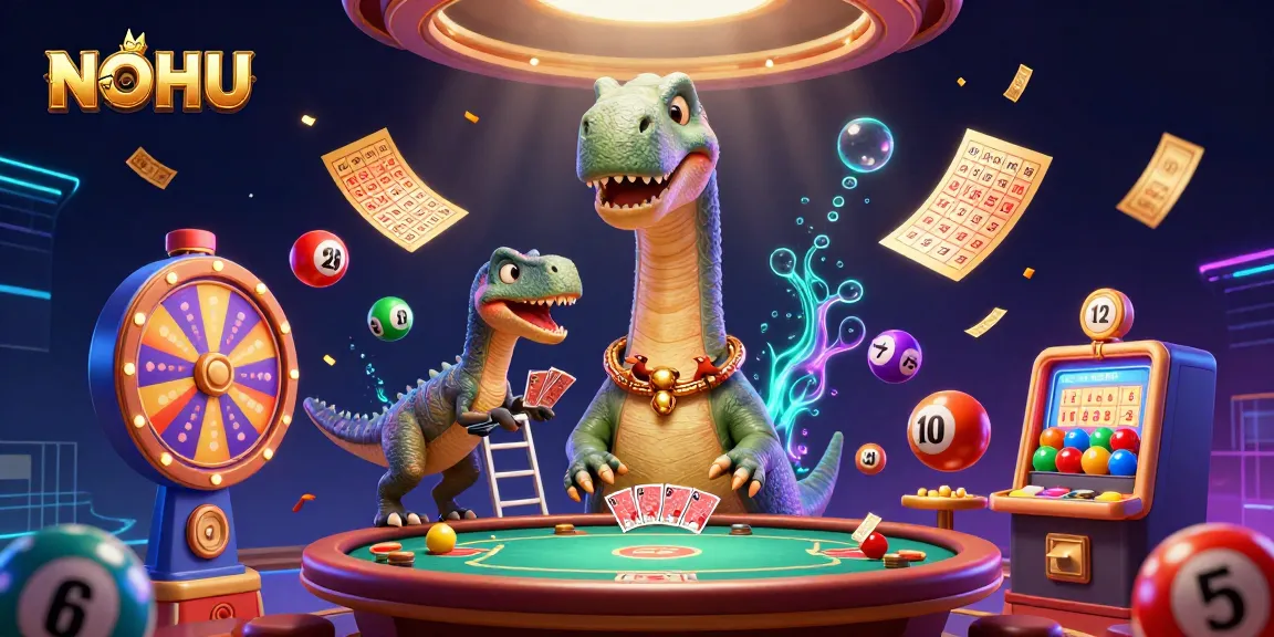 Experience thrills at NOHU with a towering brontosaurus overseeing dynamic casino games and lottery activities.