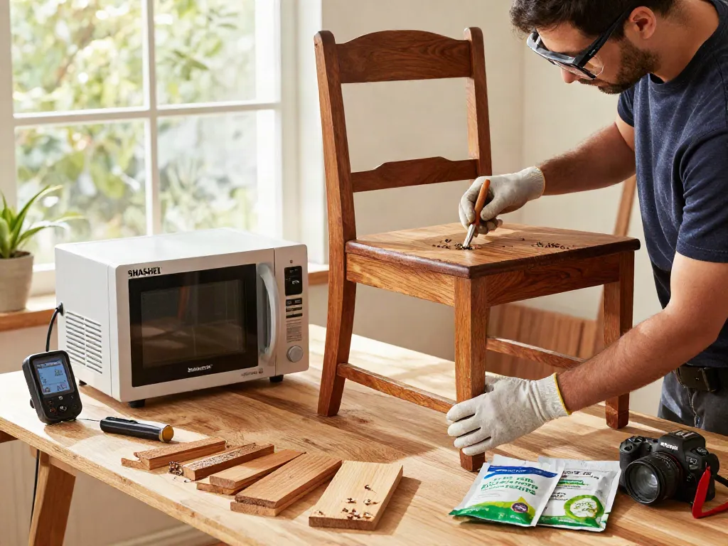 SHASHEL® technician treating wood for beetles using microwave technology in a bright workshop.