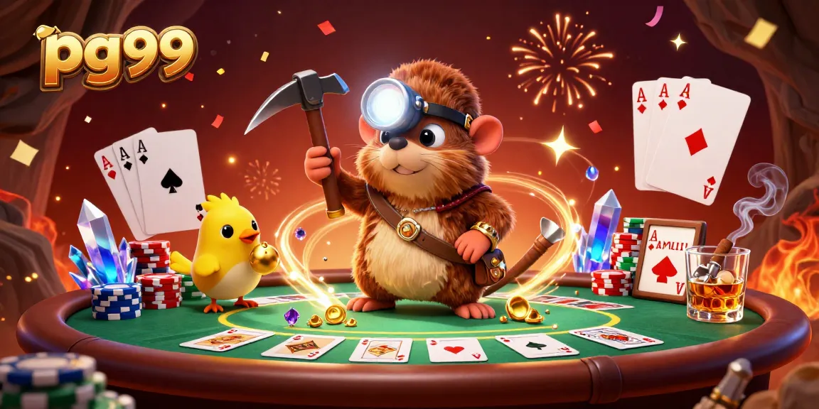 Pursue fortunes at pg99 with colorful poker chips and a treasure hunting mole in a lively casino scene