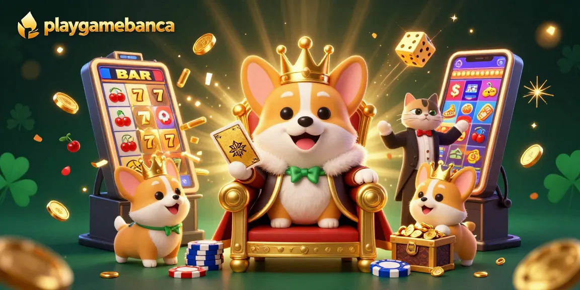 Spin to win with playgamebanca's royal corgi and butler in a dynamic casino scene.