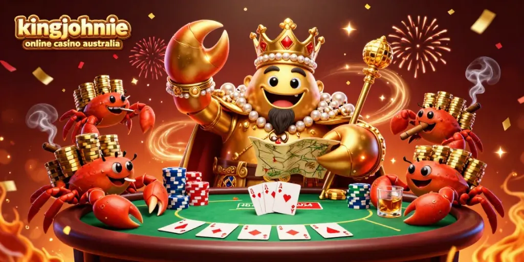 Experience the excitement of kingjohnnie online casino Australia with a vibrant 3D cartoon scene featuring a golden crab emperor and gaming elements.