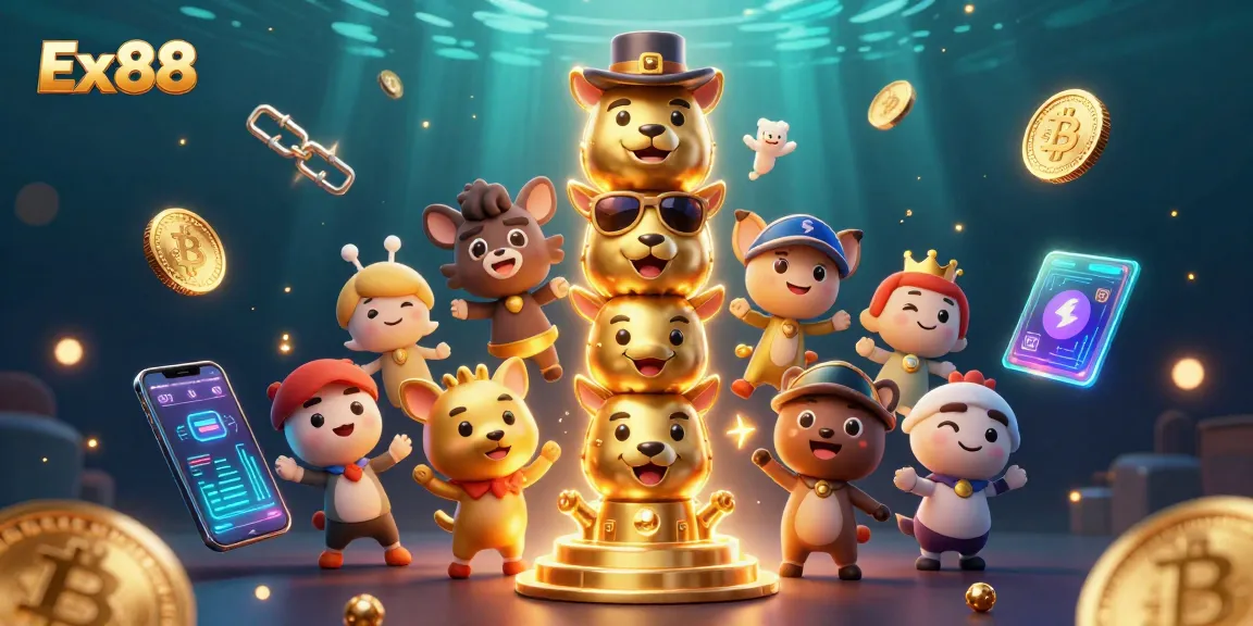 Ex88 features a vibrant 3D casino scene with a golden totem pole and glowing cryptocurrency elements.