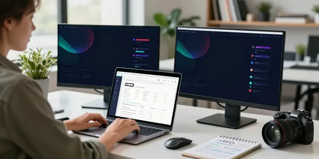 SEO specialist using instant indexing tools in a modern workspace