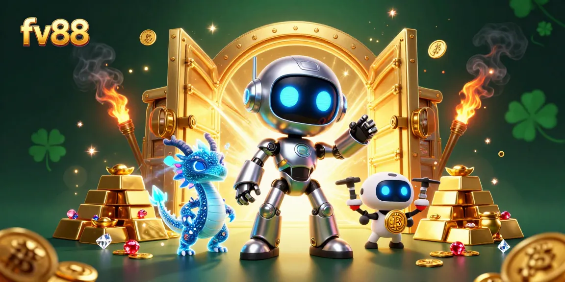 Experience exciting gameplay at fv88 with a dynamic scene of cartoon robot and treasures.