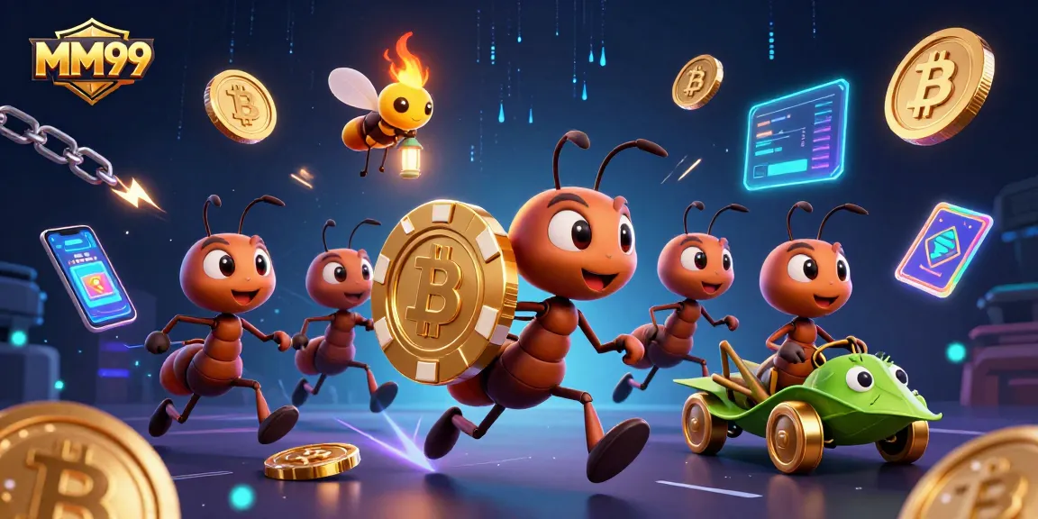Ants on a heist for golden poker chips in the world of MM99 gaming, featuring vibrant animation elements.