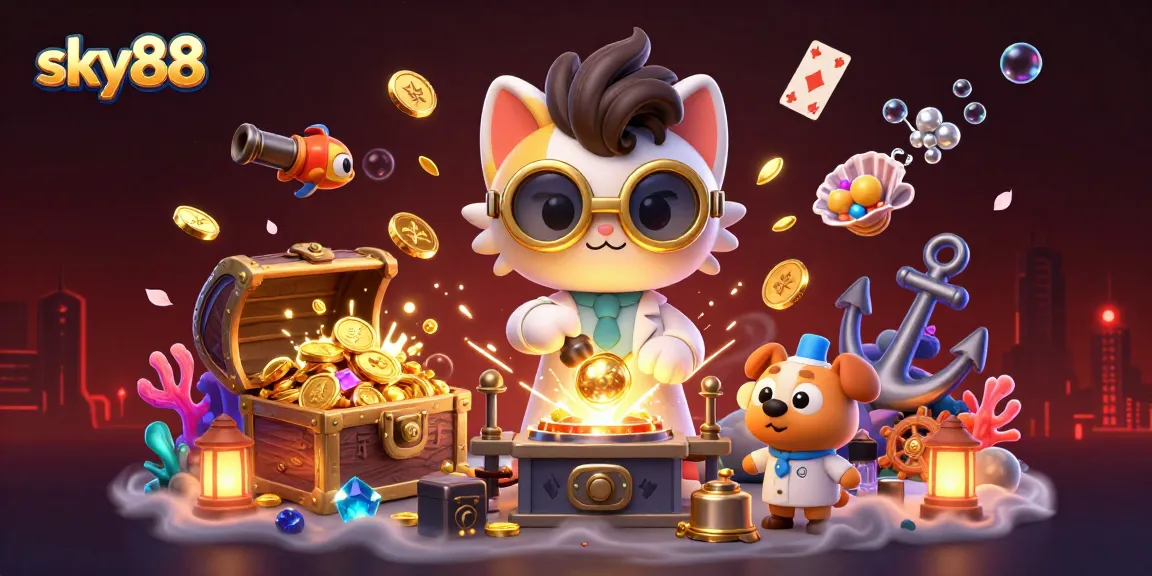 Engage with sky88's thrilling casino adventure featuring cartoon characters, gold coins, and vibrant game elements.