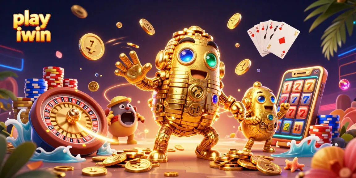 Play iwin and engage with vibrant casino elements featuring gold golem and treasures.