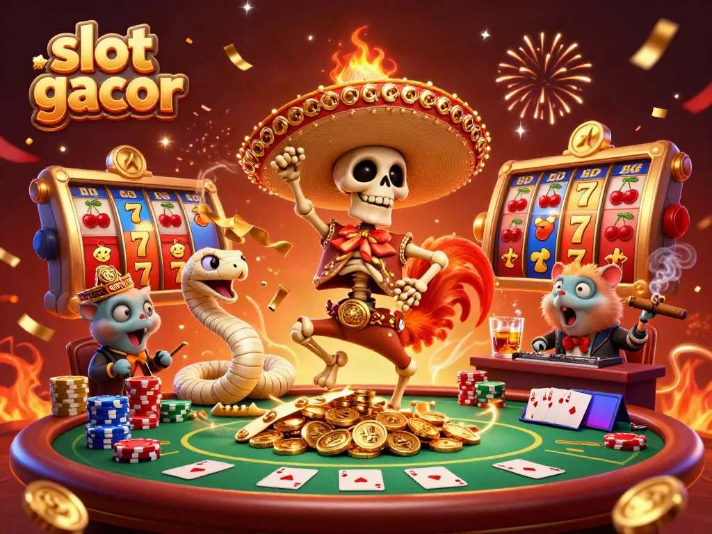 Menangkan slot gacor dengan meriah, dikelilingi oleh karakter unik dan elemen kasino yang berwarna-warni.