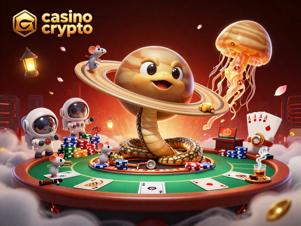 Jouer sur un casino crypto avec des personnages animés autour des jeux de poker et des paris amusants dans l'espace.