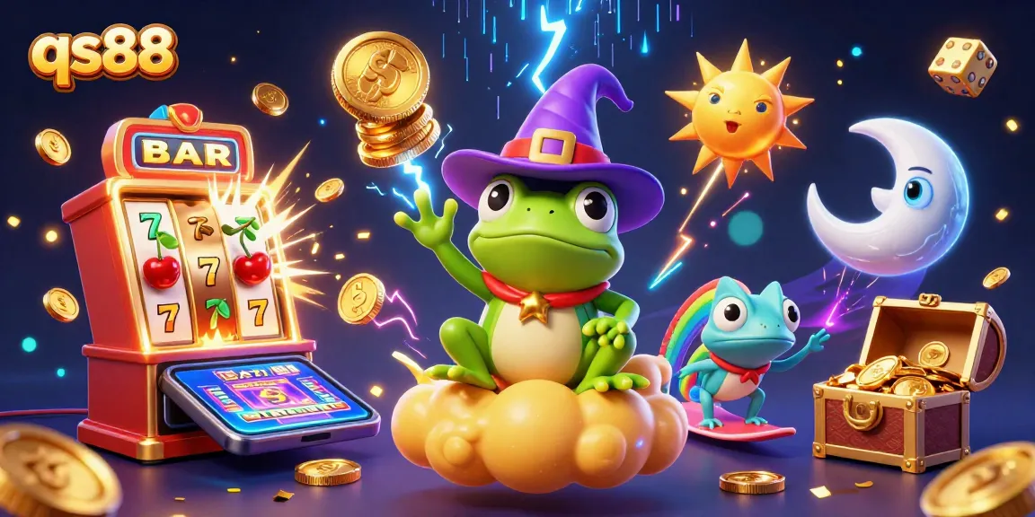 qs88 brings the thrill of the casino alive with energetic characters and game symbols, showcasing excitement and winnings.