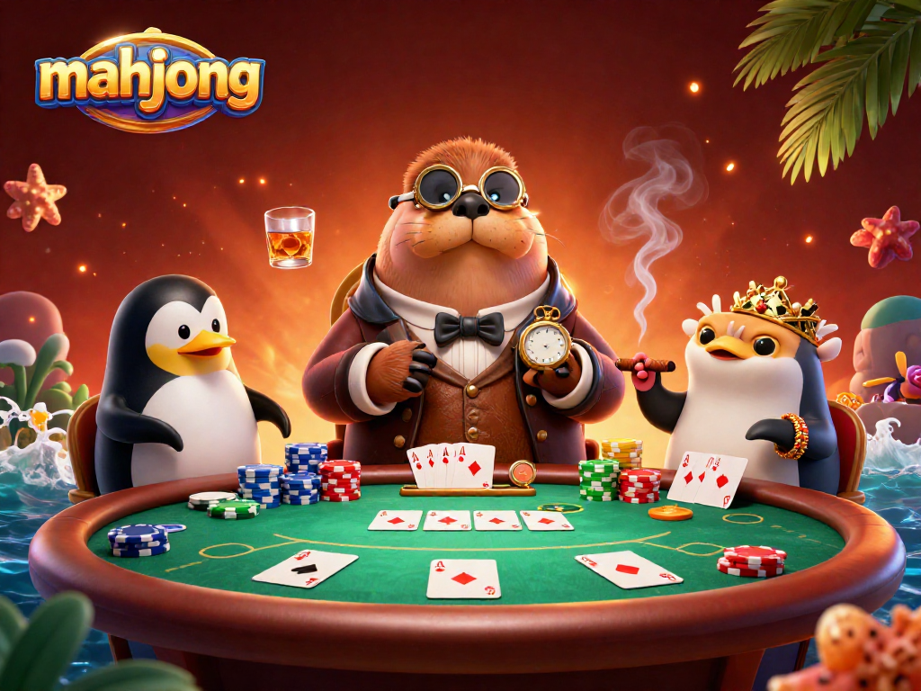 Engage in mahjong gaming with a playful walrus and dynamic action at an underwater poker table.