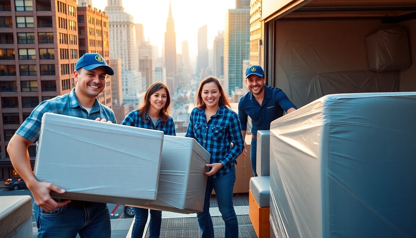 Efficient movers Manhattan NY loading furniture into a truck amidst iconic cityscape.