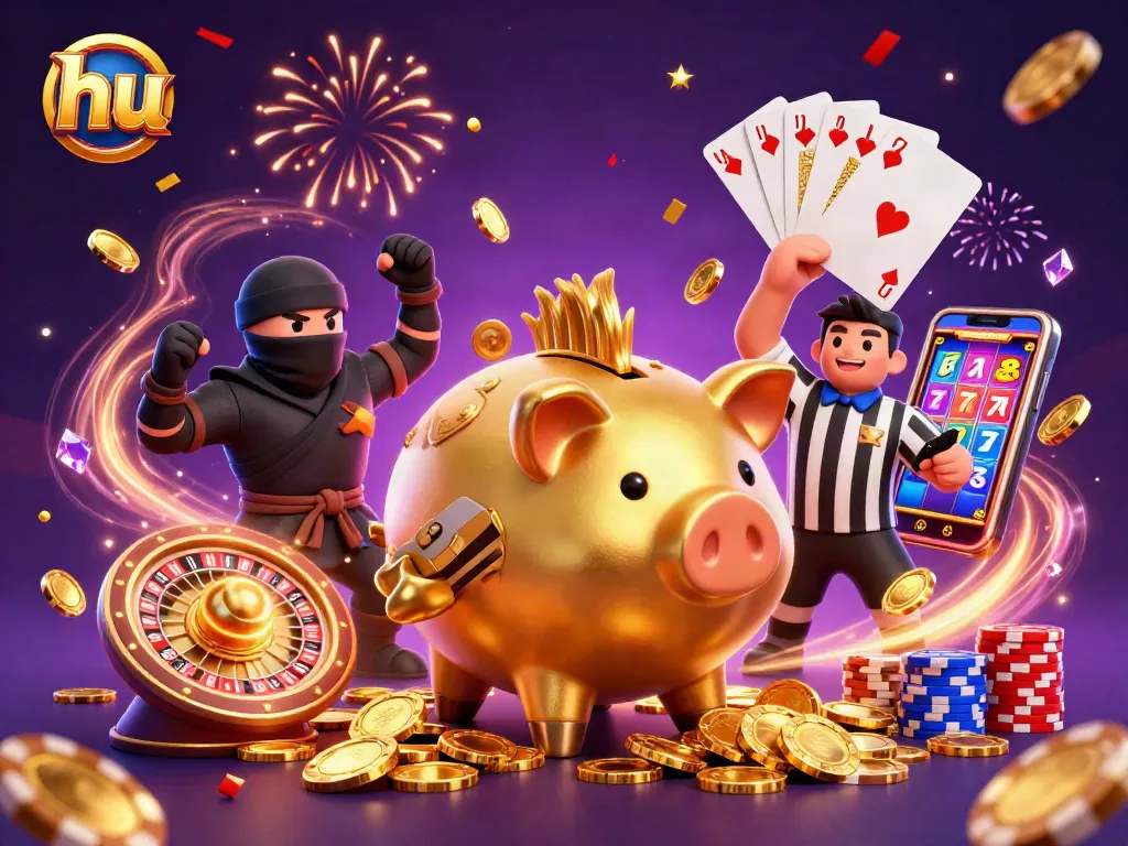 Experience thrilling gaming moments with hu as a golden piggy bank wrestler dominates the casino scene.