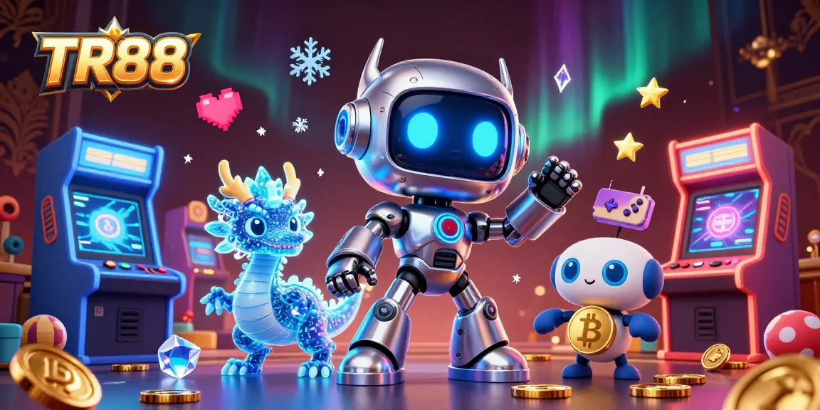 Engage with TR88 in a vibrant casino world featuring a cyberpunk robot and holographic dragon.