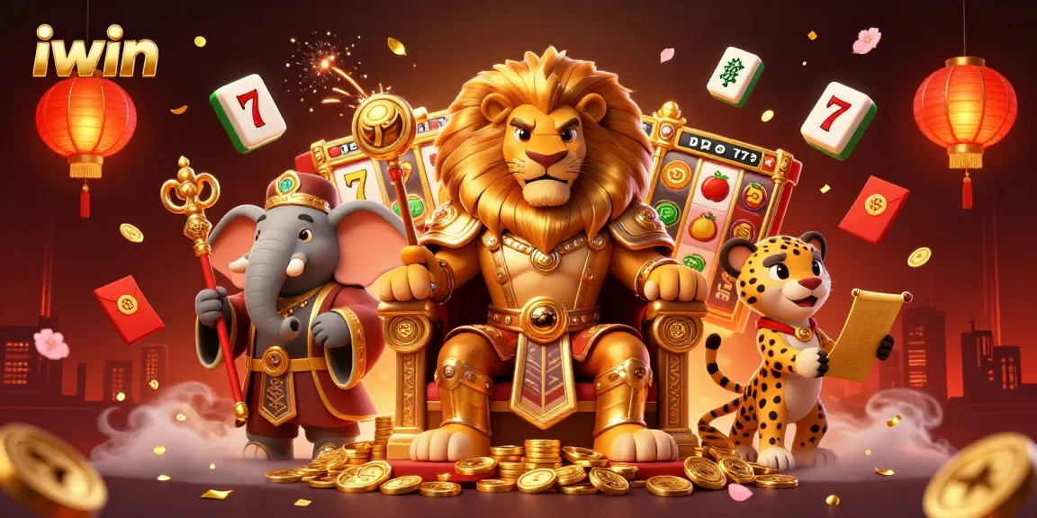 Engage with iwin's vibrant 3D casino scene featuring a lion king, elephant advisor, and swift cheetah amidst game symbols.