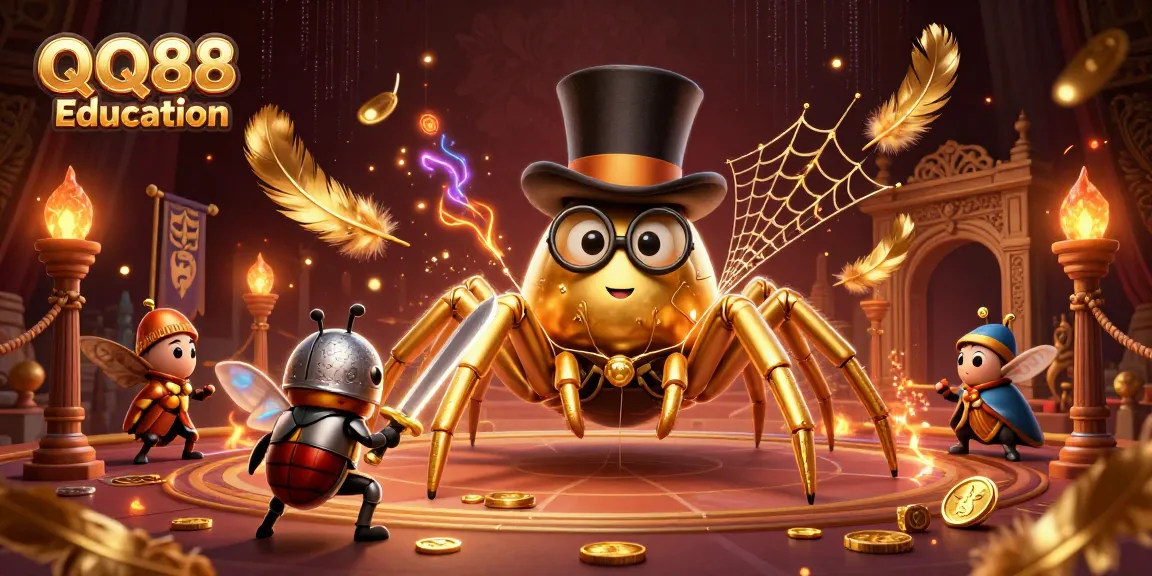Bet with QQ88 Education for exciting casino action, featuring golden tarantula and beetle knight.