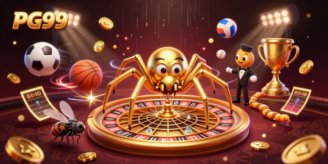 Engage in exciting bets at PG99 with a 3D scene featuring vibrant casino elements and a dynamic roulette web.