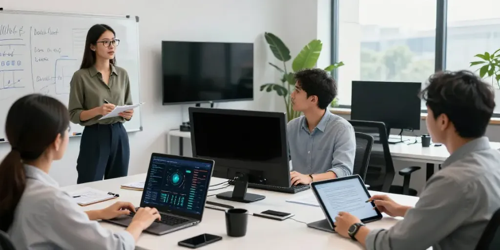 Team collaborating to generate ad descriptions with AI in a modern office.