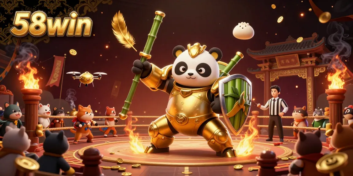 Engage with the thrilling action at 58win in a dynamic gambling arena featuring a golden panda pilot.