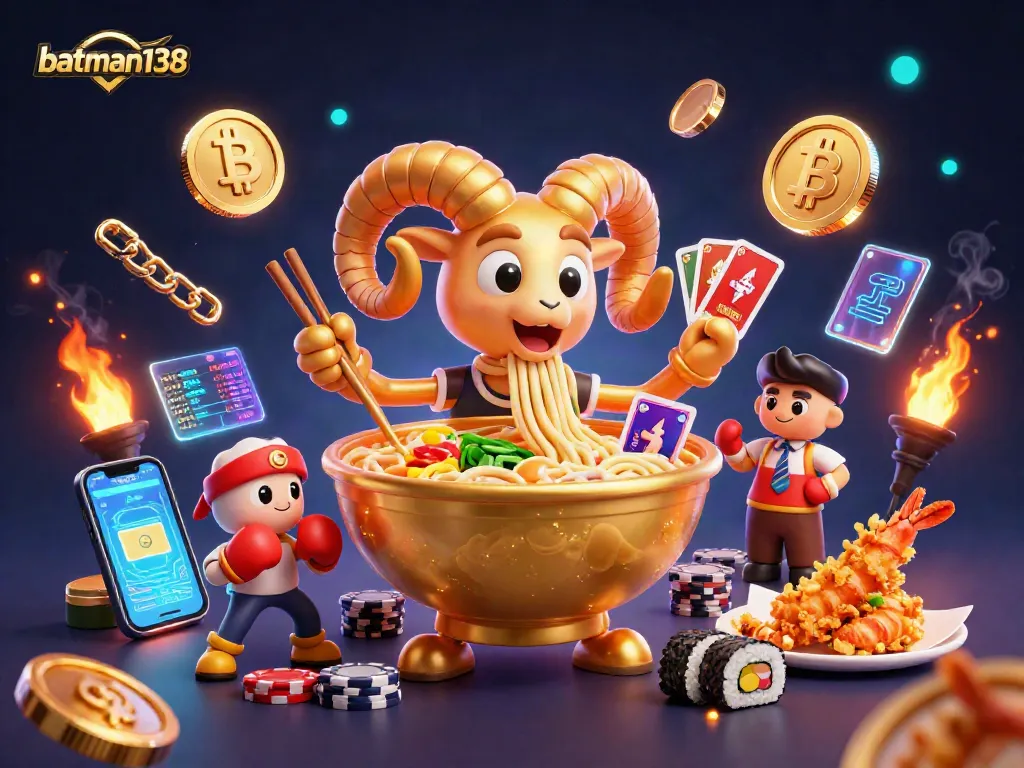 Engage with batman138's dynamic casino scene featuring a golden ramen bowl and vibrant crypto elements.