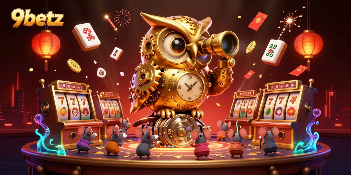Experience exciting gameplay at 9betz with golden owl and mouse patrons amidst vibrant casino elements.