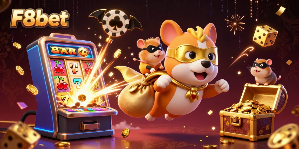 Experience the thrill of F8bet with a superhero dog and hamster in a vibrant casino adventure.