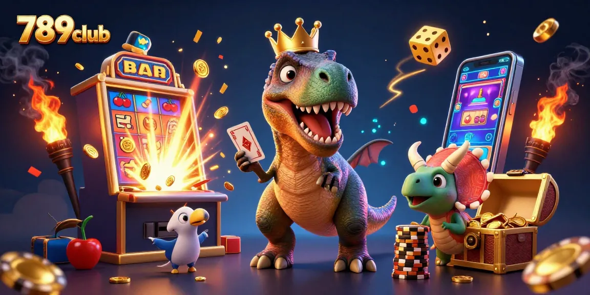 Engage with 789club's exciting gaming scene featuring cartoon dinosaurs amid vibrant casino elements.