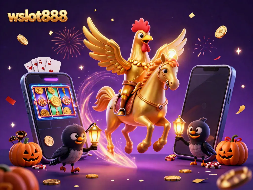 Slot permainan wslot888 di casino malam, menampilkan karakter unik dan elemen permainan yang menarik.