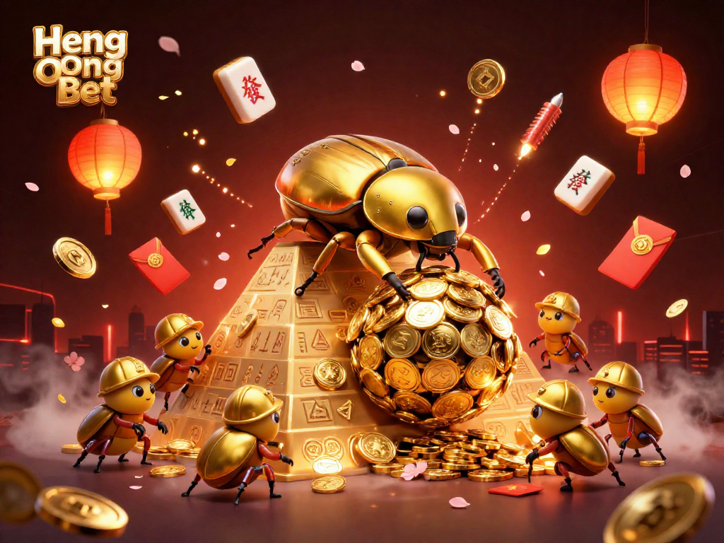Experience the thrill of Heng Ong Bet with a vibrant 3D scene featuring golden beetles and casino symbols.