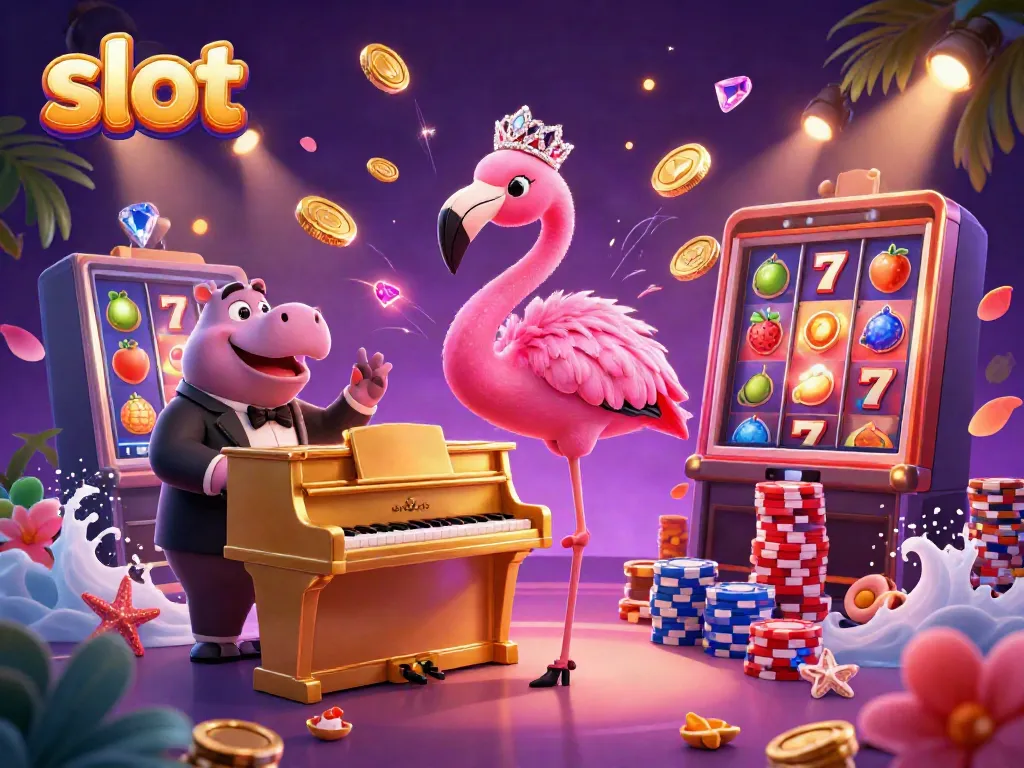 Experience the thrill of slot games with vibrant characters, golden coins, and spinning slot reels.