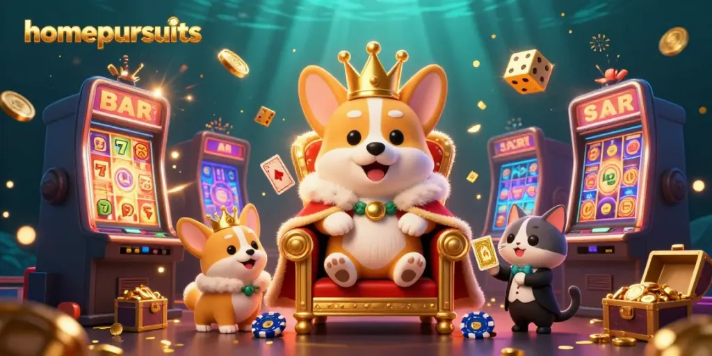 Menggoyangkan jackpot di homepursuits dengan corgi kerajaan dan mesin slot bertabur koin emas.