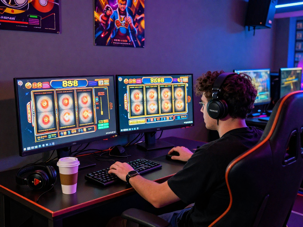 Permainan slot88 yang seru di ruang bermain dengan komputer dan aksesori gaming menarik