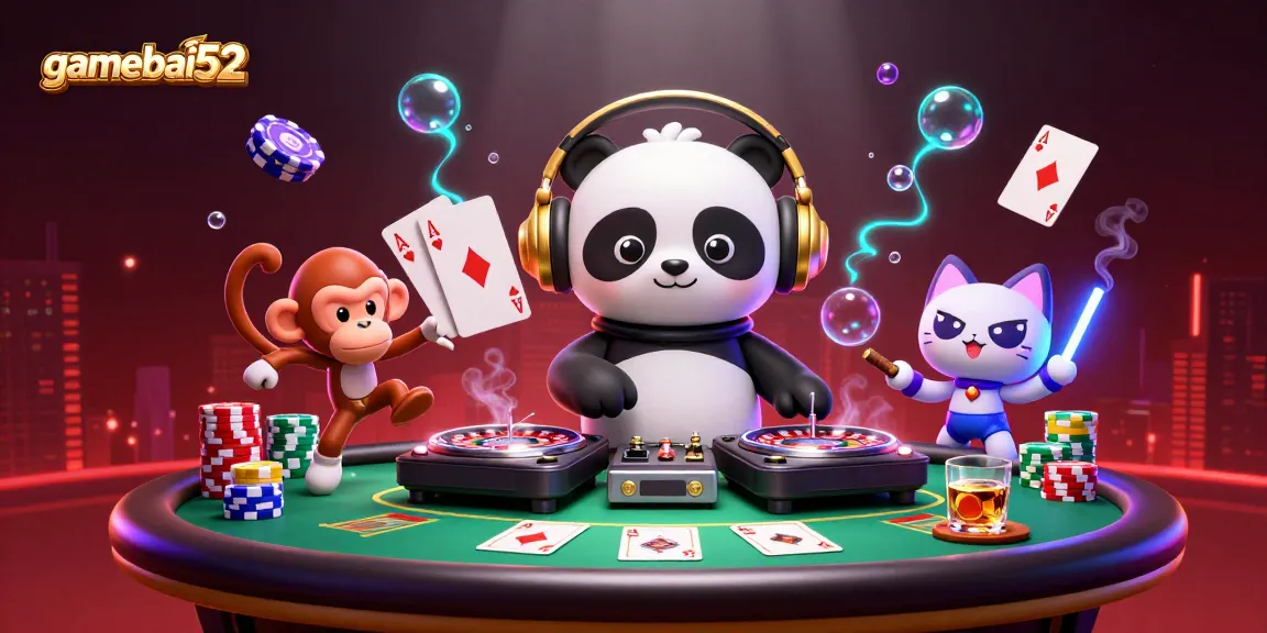 Experience the thrill of gamebai52 with a vibrant casino scene featuring playful characters and exciting game elements.