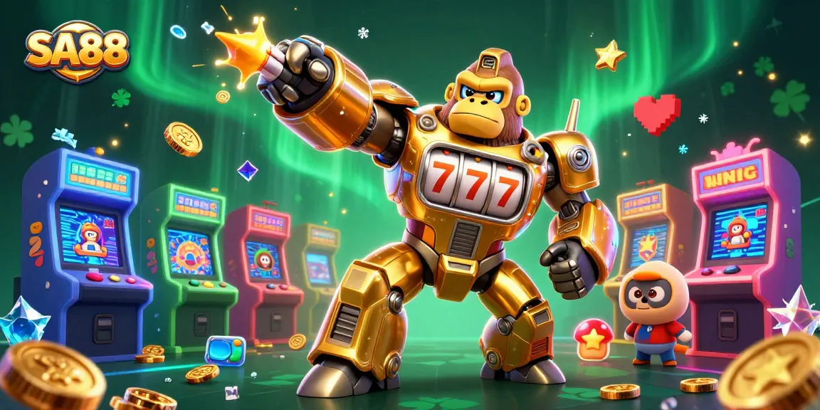 SA88 gorilla mech smashing through coins in a vibrant 3D casino illustration.