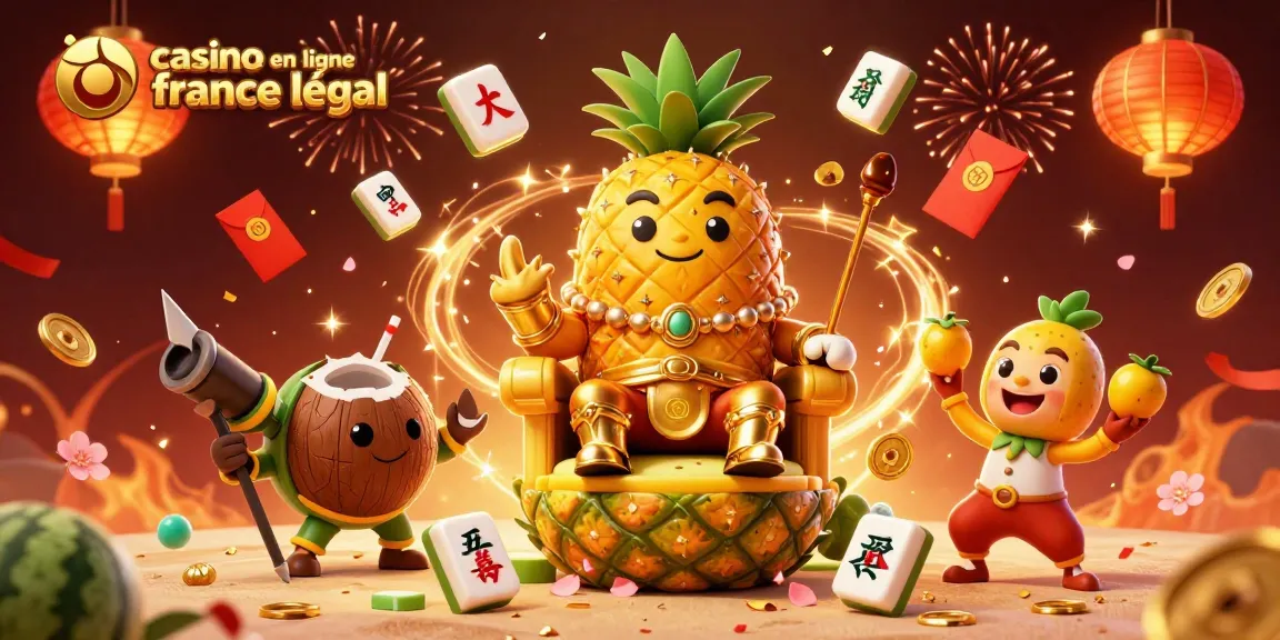 Ce dessin illustre le roi ananas de casino en ligne en France légal, entouré de confettis et d'éléments festifs.