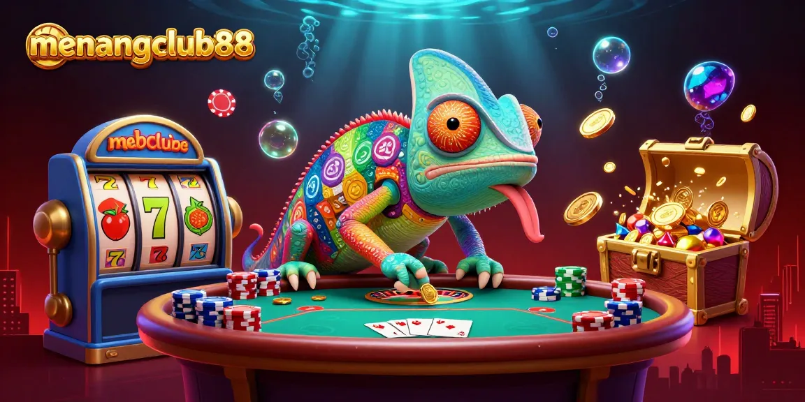 Engage in exciting casino action at menangclub88 with a vibrant chameleon owner snapping gold coins.