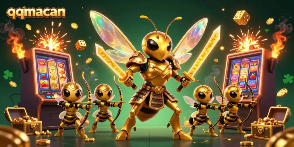 qqmacan showcases an exciting casino scene featuring a golden hornet in samurai armor amidst jackpot slots and casino elements.