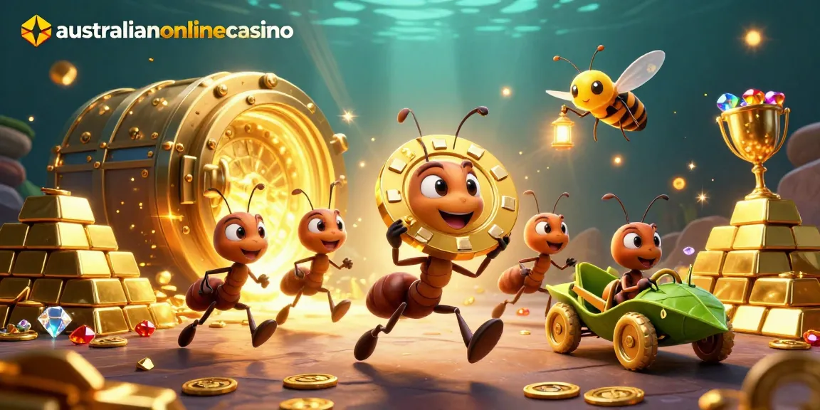 Ants heist scene with golden poker chip at australianonlinecasino, showcasing dynamic gambling adventure.