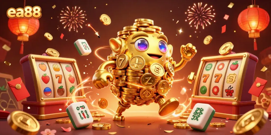 Golem bằng vàng đầm tiền với các biểu tượng máy đánh bạc, tạo nên khung cảnh sòng bạc sinh động với ea88.