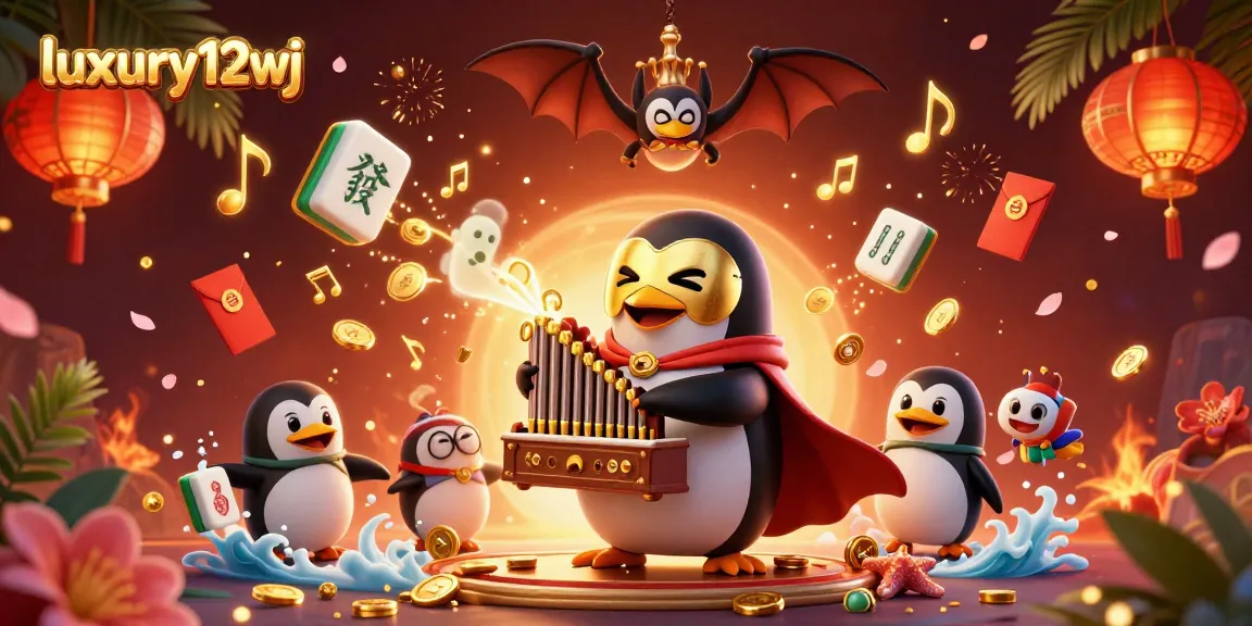 Experience luxury12wj with a 3D casino scene of a penguin playing an organ showering gold coins.