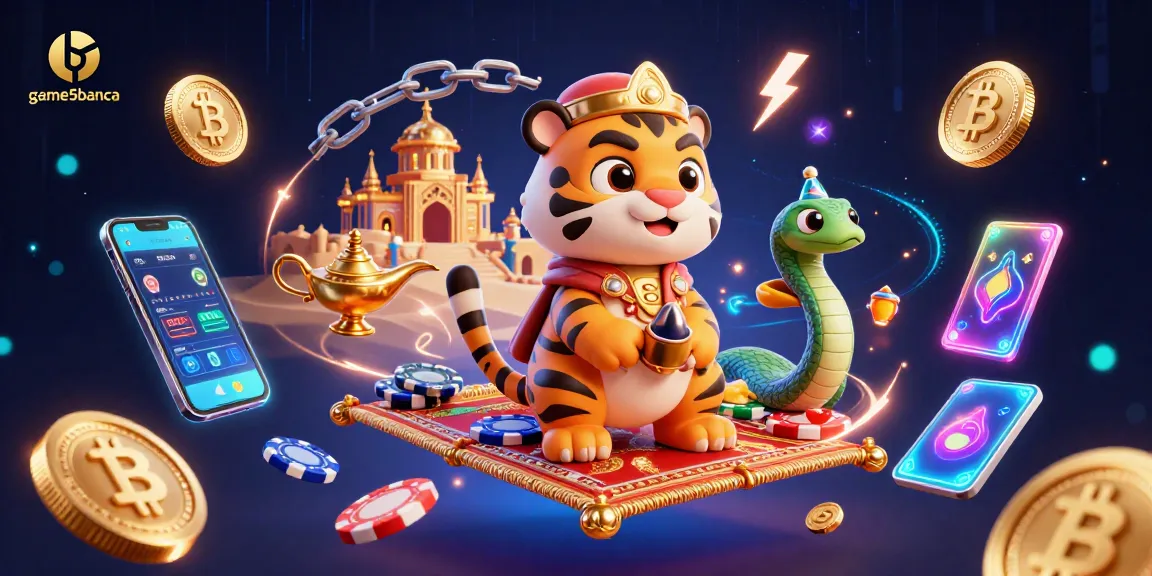 Play and win with game5banca in a vibrant casino-themed illustration featuring NFTs and cryptos.