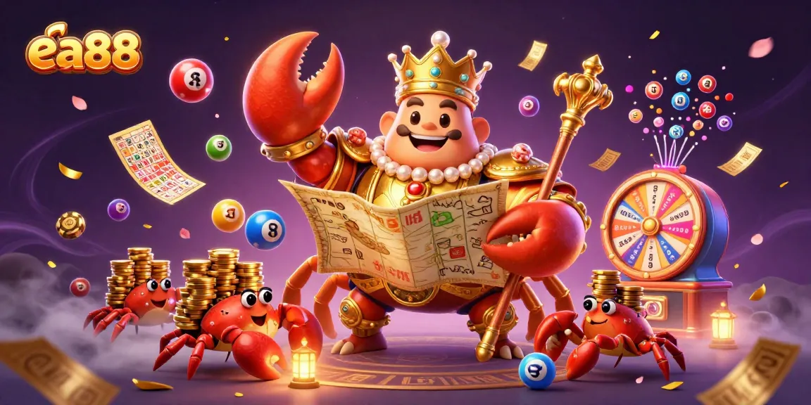 ea88 presents a vibrant 3D scene featuring a golden crab emperor and lottery elements, inspiring excitement.