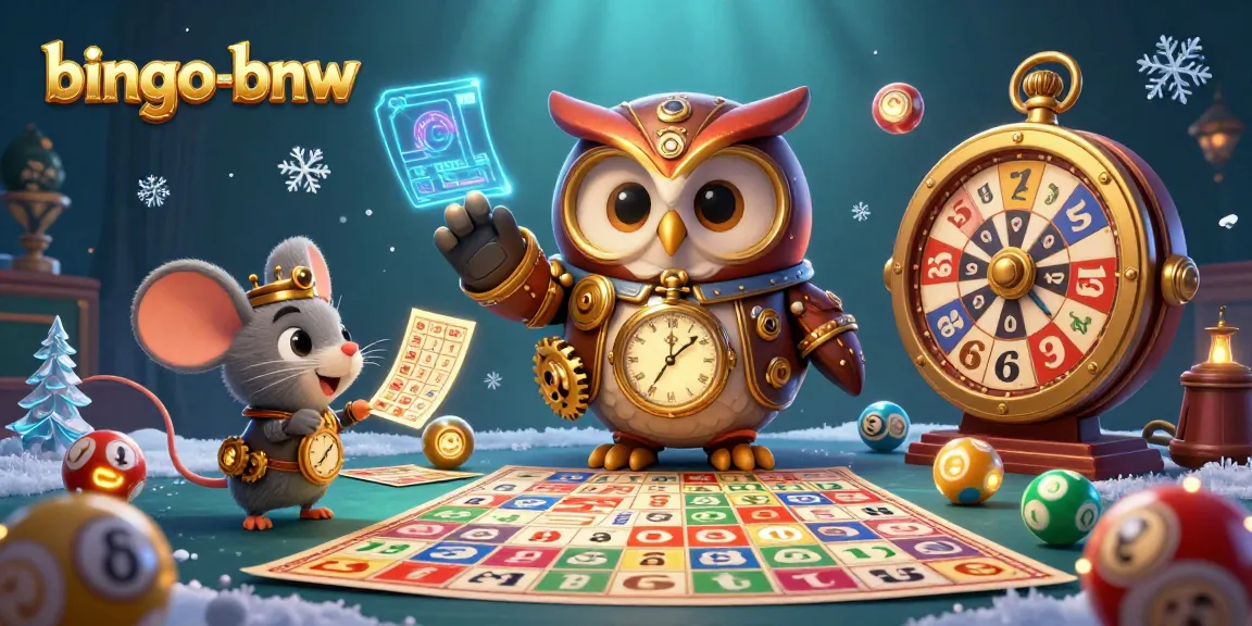 Bingo-bnw features a cartoon owl and mouse enjoying vibrant bingo gameplay with colorful balls and cards.
