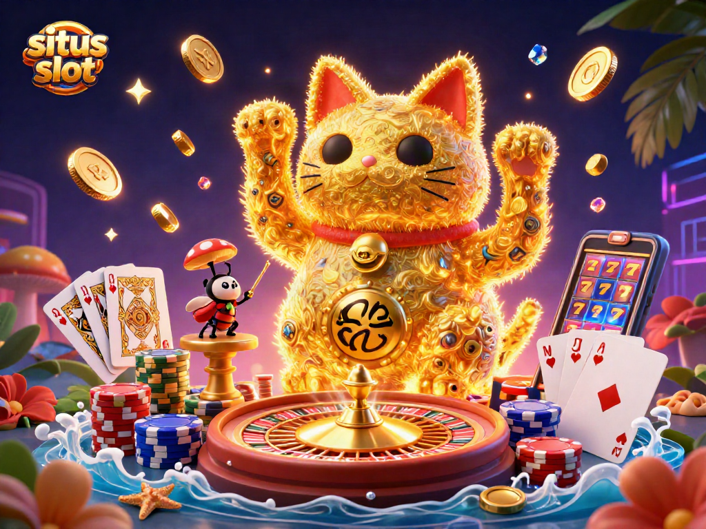 Engage with situs slot in an ultra-detailed 3D illustration featuring a lucky cat and dynamic casino elements.