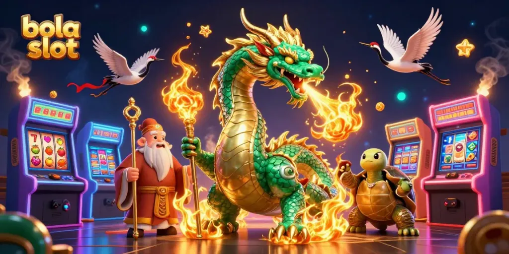 Engage with the immersive bola slot gaming experience featuring a mystical dragon and vibrant arcade elements.