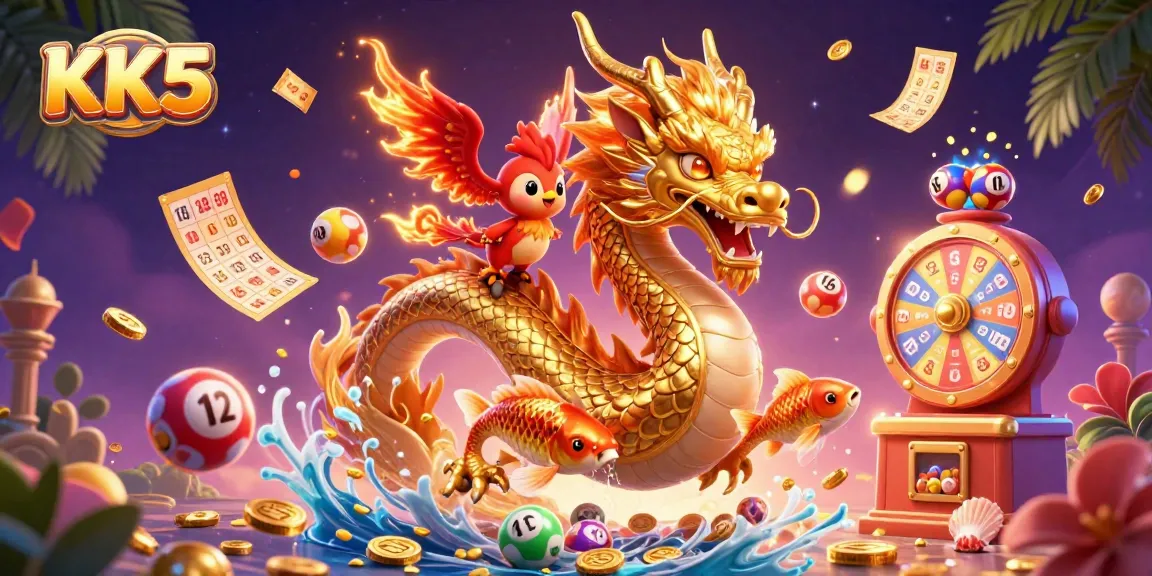 Experience the thrill of KK5 with a golden dragon, phoenix, and koi fish amidst vibrant lottery elements.