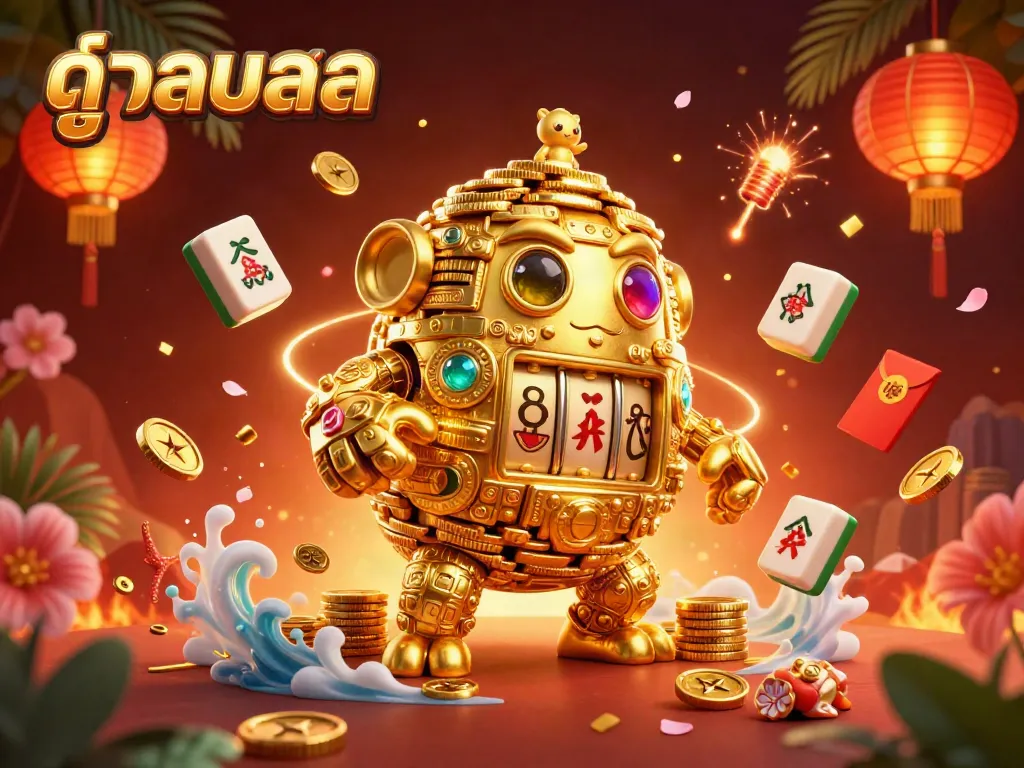Experience thrilling ดูบอลสด action featuring a golden golem surrounded by gambling elements and festive decorations.